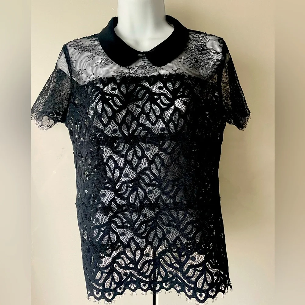 Sandro black lace Peter Pan collar Rosen blouse size 3 - Picture 2 of 7